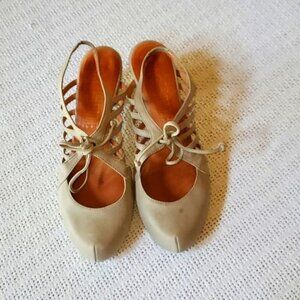Sachelle Beige Strappy Cage Slingback Heels Almond Toe Tie Front Stacked Heel